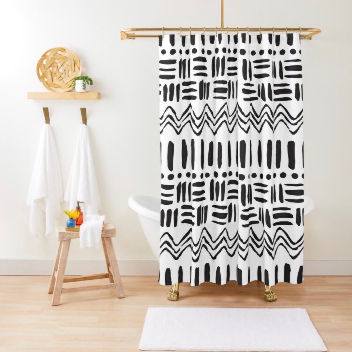 Black and White Shower Curtain Boho Shower Curtain Etsy