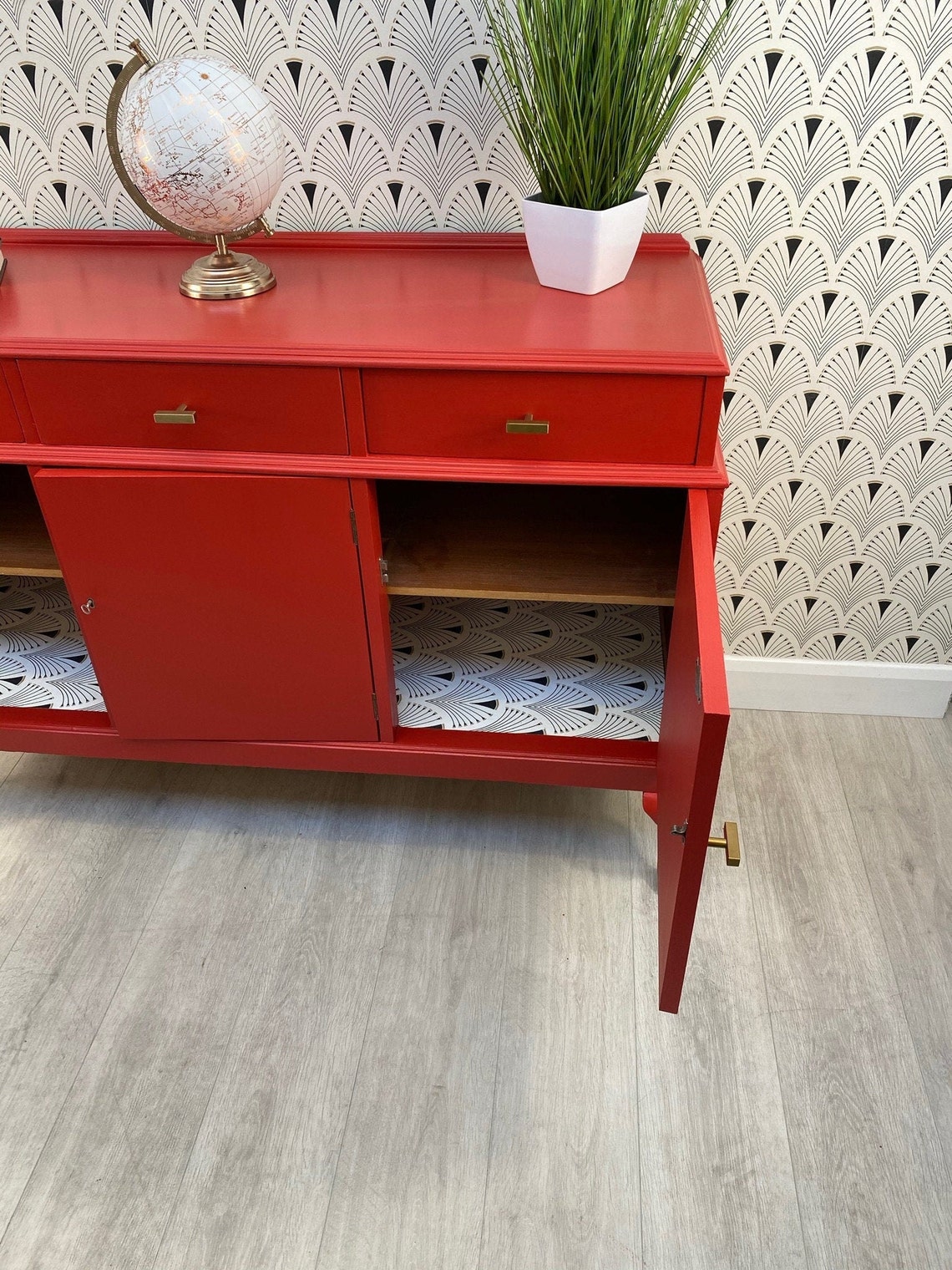 Vintage PRO Painted Red Sideboard With Queen Ann Legs Etsy