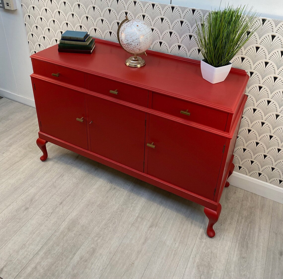 Vintage PRO Painted Red Sideboard With Queen Ann Legs Etsy