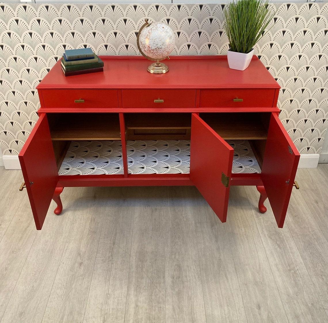 Vintage PRO Painted Red Sideboard With Queen Ann Legs Etsy