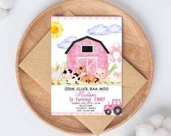 Editable Pink Farm Birthday invitation-farm theme invite-barn animal party-barnyard birthday