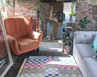 Karierter Teppich | Schachbrettmuster Teppich Handgetuftet Teppich Regenbogen Teppich Maximalistisch Dekor Wollteppich Bunt Teppich Bunt Abstrakter Teppich Kinderzimmer