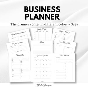 K&ouml;nnte beinhalten: Ein Business-Planer mit Seiten f&uuml;r Finanzplanung, Projektplanung und Kontaktlisten. Das Cover zeigt "BUSINESS PLANNER" in gro&szlig;en, schwarzen Buchstaben. Der Planer enth&auml;lt Abschnitte f&uuml;r Notizen und einen Finanz-Tracker. Der Planer ist in verschiedenen Farben erh&auml;ltlich, darunter Grau.