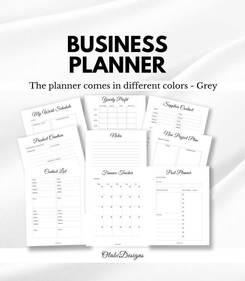 K&ouml;nnte beinhalten: Ein Business-Planer mit Seiten f&uuml;r Finanzplanung, Projektplanung und Kontaktlisten. Das Cover zeigt "BUSINESS PLANNER" in gro&szlig;en, schwarzen Buchstaben. Der Planer enth&auml;lt Abschnitte f&uuml;r Notizen und einen Finanz-Tracker. Der Planer ist in verschiedenen Farben erh&auml;ltlich, darunter Grau.
