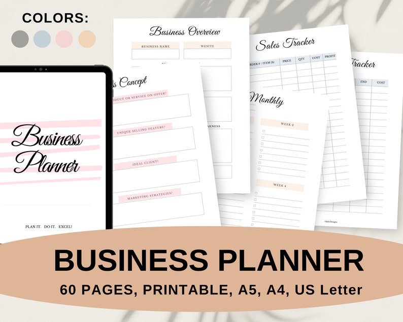 K&ouml;nnte beinhalten: Ein digitaler Businessplaner mit rosa und wei&szlig;em Design. Der Planer enth&auml;lt Seiten f&uuml;r den Gesch&auml;fts&uuml;berblick, die Verfolgung von Verk&auml;ufen und die Konzeptplanung. Der Text "Business Planner" wird auf einem Tablet und auf dem Cover angezeigt. Der Planer hat 60 Seiten und ist in A5, A4 und US Letter druckbar.