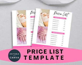 Price list Salon template, Small business printable price list guide, Editable Canva pricing guide, Price sheet template, US letter A4