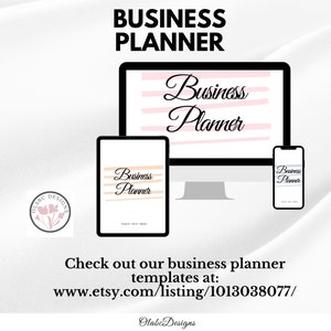 K&ouml;nnte beinhalten: Ein digitales Mockup mit Business-Planer-Vorlagen auf einem Computermonitor, Tablet und Smartphone. Der Text "Business Planner" wird auf jedem Ger&auml;t angezeigt, mit einem Logo in der Ecke und dem Text "Check out our business planner templates at: www.etsy.com/listing/1013038077/"