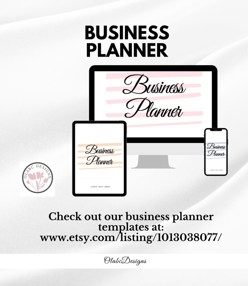 K&ouml;nnte beinhalten: Ein digitales Mockup mit Business-Planer-Vorlagen auf einem Computermonitor, Tablet und Smartphone. Der Text "Business Planner" wird auf jedem Ger&auml;t angezeigt, mit einem Logo in der Ecke und dem Text "Check out our business planner templates at: www.etsy.com/listing/1013038077/"