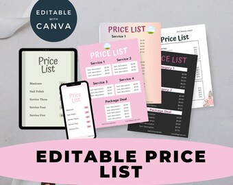 Editable Price list templates for small business, beauty salon, esthetician, hair, nail, lash and spa studio, US Letter, Flyer, Pink