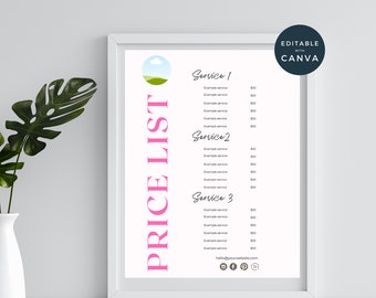Price list templates sign for small business, Editable price list template with logo, Canva price list salon, Minimalist pricing list, A4