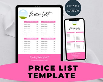 Editable Price list templates with Logo for small business, Hot pink printable pricing, Canva pricing guide, Salon Pricelist, US letter A4