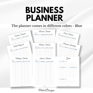 K&ouml;nnte beinhalten: Ein Business-Planer mit verschiedenen Tracking-Seiten, darunter Ausgaben-, Umsatz- und Verkaufs-Tracker. Der Planer hat ein klares, minimalistisches Design mit blauen Akzenten und dem Text "BUSINESS PLANNER".