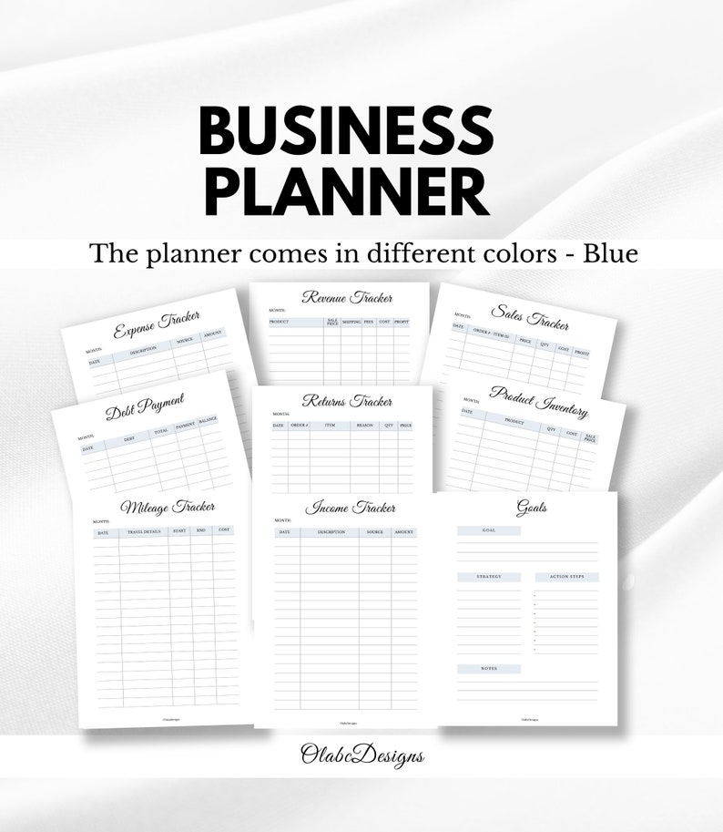 K&ouml;nnte beinhalten: Ein Business-Planer mit verschiedenen Tracking-Seiten, darunter Ausgaben-, Umsatz- und Verkaufs-Tracker. Der Planer hat ein klares, minimalistisches Design mit blauen Akzenten und dem Text "BUSINESS PLANNER".