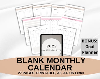 2022 Monthly Printable Calendar Horizontal Blank Monthly Printable Planner With Bonus Goal Planner Kit, Work at Home, A4, A5, US Letter