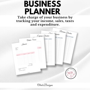 K&ouml;nnte beinhalten: Ein Business-Planer mit dem Titel "BUSINESS PLANNER" in gro&szlig;en schwarzen Buchstaben. Das Bild enth&auml;lt mehrere wei&szlig;e Bl&auml;tter mit rosa und grauen Akzenten, die mit "Invoice", "Order Form", "Expense Tracker" und "Revenue Tracker" beschriftet sind.