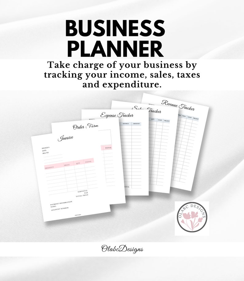 K&ouml;nnte beinhalten: Ein Business-Planer mit dem Titel "BUSINESS PLANNER" in gro&szlig;en schwarzen Buchstaben. Das Bild enth&auml;lt mehrere wei&szlig;e Bl&auml;tter mit rosa und grauen Akzenten, die mit "Invoice", "Order Form", "Expense Tracker" und "Revenue Tracker" beschriftet sind.