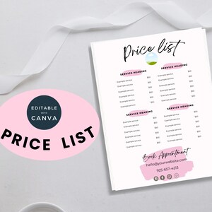 Price list template with logo for salon, Small business printable pricing sheet, Editable pricing guide, Canva template, US letter, A4, Pink