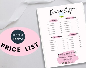 Price list template with logo for salon, Small business printable pricing sheet, Editable pricing guide, Canva template, US letter, A4, Pink