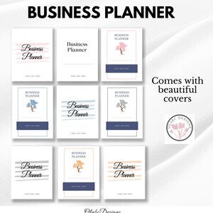 K&ouml;nnte beinhalten: Eine Sammlung von Business-Planern mit verschiedenen Cover-Designs. Jeder Planer zeigt den Text "Business Planner" und dekorative Elemente. Das Bild enth&auml;lt den Text "BUSINESS PLANNER" und "Comes with beautiful covers."