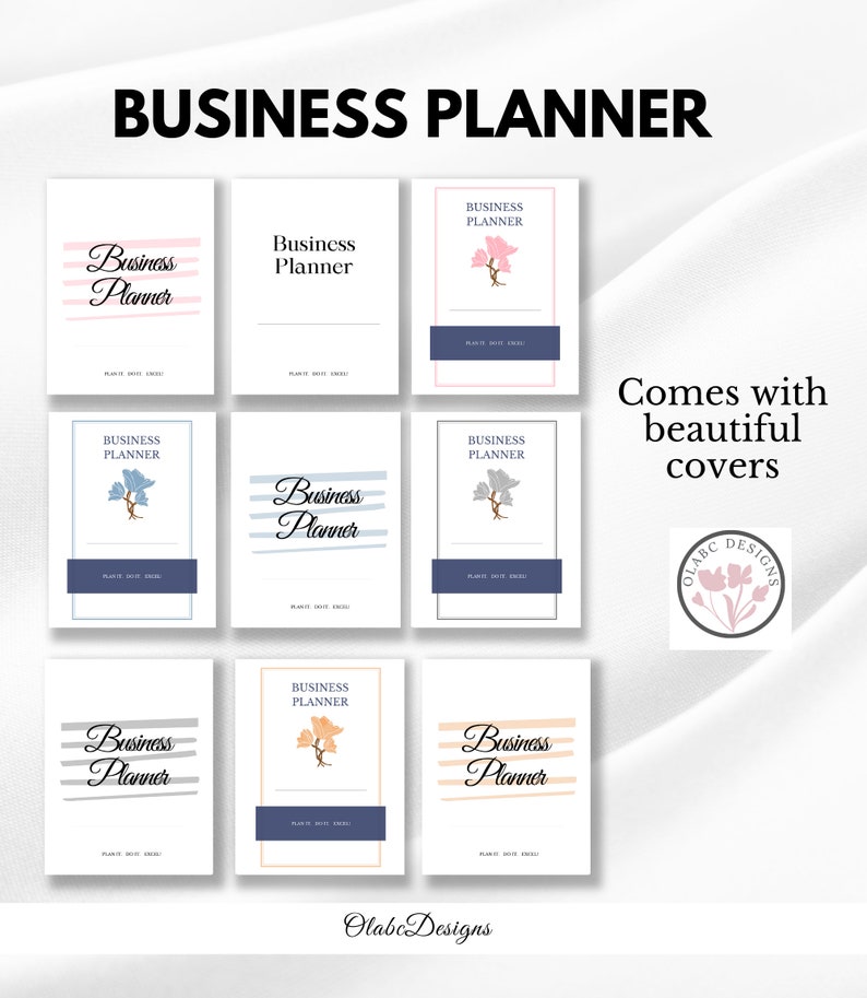 K&ouml;nnte beinhalten: Eine Sammlung von Business-Planern mit verschiedenen Cover-Designs. Jeder Planer zeigt den Text "Business Planner" und dekorative Elemente. Das Bild enth&auml;lt den Text "BUSINESS PLANNER" und "Comes with beautiful covers."