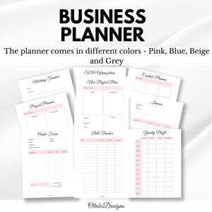 K&ouml;nnte beinhalten: Ein Business-Planer mit Seiten f&uuml;r Projektplanung, Bestellformulare und Finanzverfolgung. Der Planer ist in Pink, Blau, Beige und Grau erh&auml;ltlich. Der Text "BUSINESS PLANNER" steht oben. Enth&auml;lt Seiten f&uuml;r SEO-Optimierung.