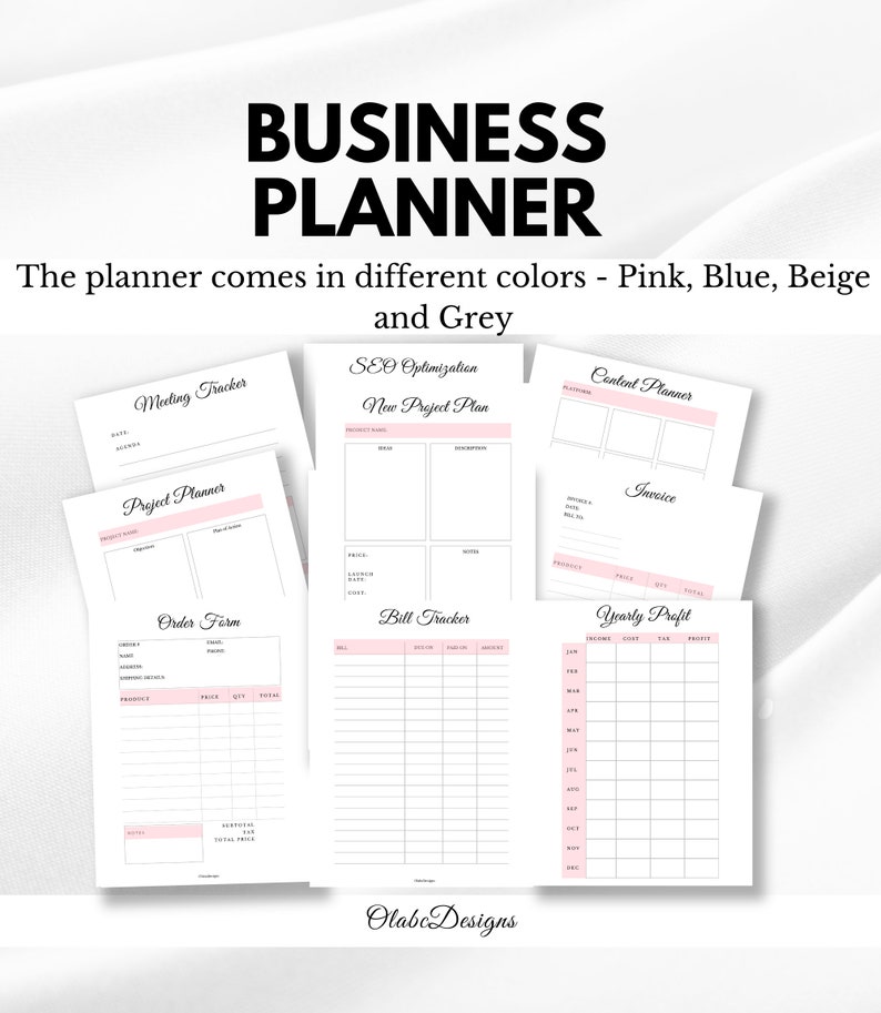 K&ouml;nnte beinhalten: Ein Business-Planer mit Seiten f&uuml;r Projektplanung, Bestellformulare und Finanzverfolgung. Der Planer ist in Pink, Blau, Beige und Grau erh&auml;ltlich. Der Text "BUSINESS PLANNER" steht oben. Enth&auml;lt Seiten f&uuml;r SEO-Optimierung.