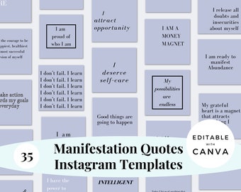 35 Law of Attraction Quotes Templates, Manifestation Instagram Post, Inspirational quote Story Template, Editable Positive Quotes, Blue