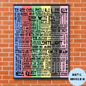 May include: A framed poster with a black border featuring a collage of text in various fonts and colours. The words "NINJA QUEST" and "DIGITAL DOWNLOAD" are visible. The poster is hanging on a brick wall.