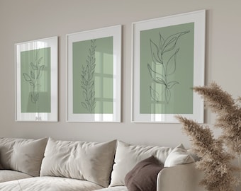 SalbeiGrüne Wanddrucke, Grüne Drucke, Botanische Wanddrucke, Botanische Linienkunst, grünes Wohndekor, Pflanzenwanddrucke, 3er-Set