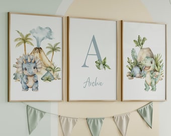 Dinosaur Nursery Prints, Set of 3, Personalised Baby Boy Decor