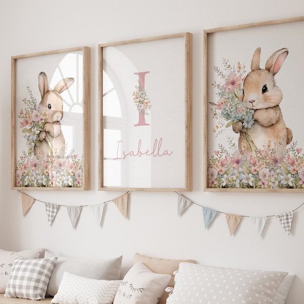 Pink Bunny Personalised Set Of 3 Nursery Prints For Baby Girls Room, Girl Bedroom Prints, Pink Nursery Decor Wall Art, Bunny Prints