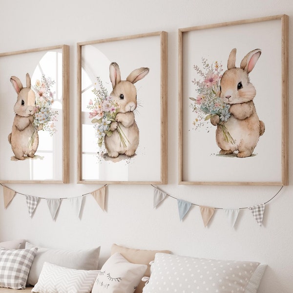 Bunny konijn kinderkamer prints, set van 3 kinderkamer prints voor baby meisjeskamer, meisjes slaapkamer prints, roze kinderkamer decor kunst aan de muur, konijn prints