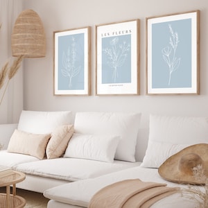 Set of three prints, Blue Prints, Blue Wall Art, Scandi Art, Blue Poster, Scandinavian, Flower Prints, Wall Art Prints, Wall Art, Print Set