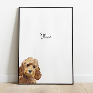 Può includere: Una stampa incorniciata con un'illustrazione ad acquerello di un cane marrone e bianco con il nome Olivia scritto in corsivo sopra il cane.
