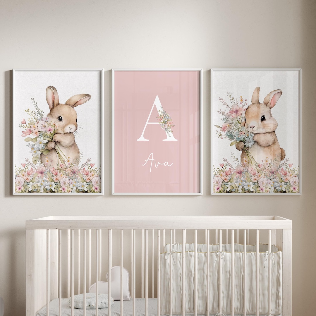 Girls Nursery Prints, Set of 3 Personalised Pink Bunny Nursery Prints ...
