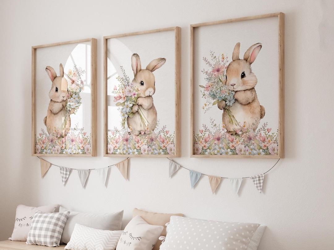 Pink Bunny Rabbit Prints for Baby Girls Room, Bunny Nursery Prints ...