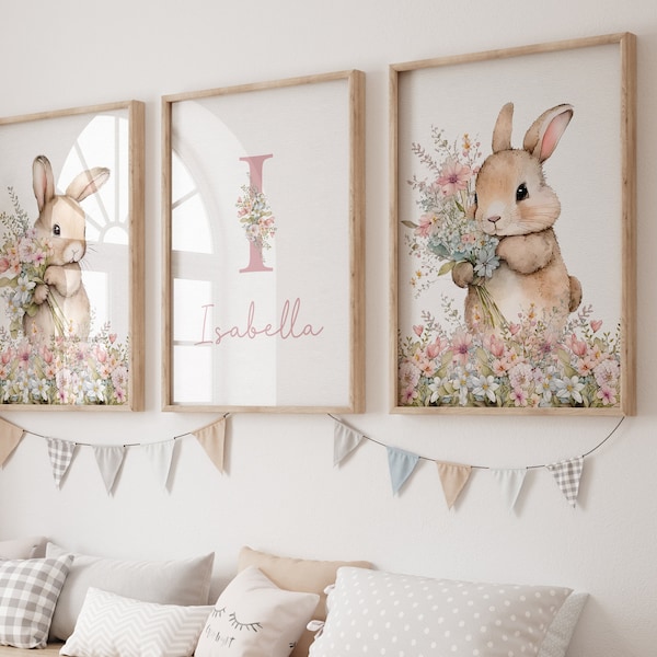 Pink Bunny Personalised Set Of 3 Nursery Prints For Baby Girls Room, Girl Bedroom Prints, Pink Nursery Decor Wall Art, Bunny Prints