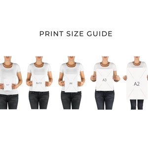 May include: Print size guide showing five different sizes of paper held by five people. The sizes are 5x7, 8x10, A4, A3, and A2.