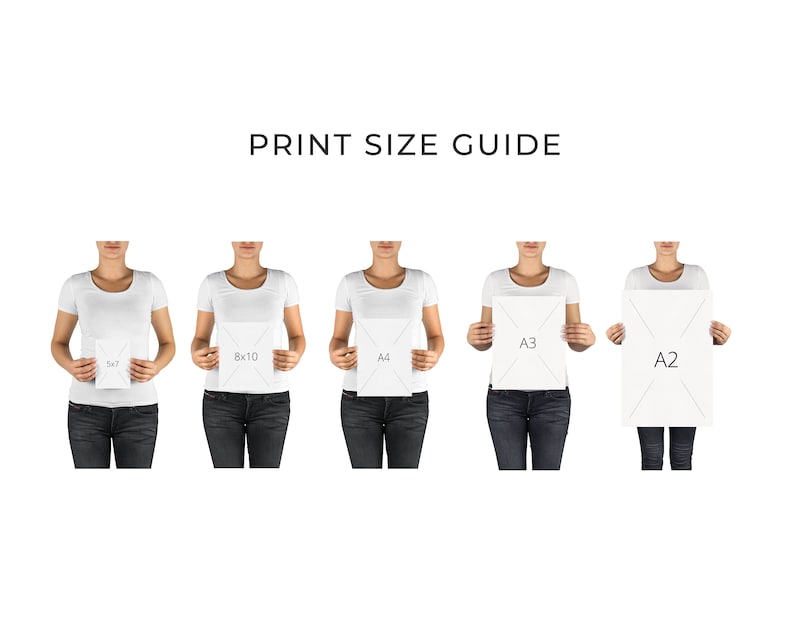 May include: Print size guide showing five different sizes of paper held by five people. The sizes are 5x7, 8x10, A4, A3, and A2.