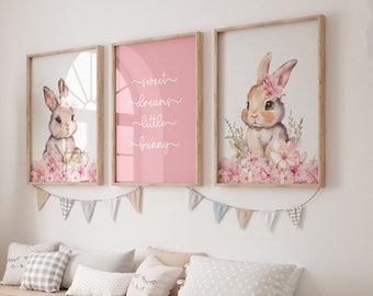 Stampe per l'asilo nido per ragazze rosa,Stampe per l'asilo nido per ragazze,Decorazione per l'asilo nido per ragazze,Camera per bambine,asilo nido per coniglietti,animale coniglietto,asilo nido floreale,rosa