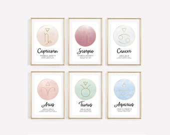 Zodiac Star Sign Print, Sagittarius, Aries, Leo, Cancer, Virgo, Libra, Gemini, Capricorn, Scorpio, Aquarius, Pisces, Taurus,  Zodiac Print