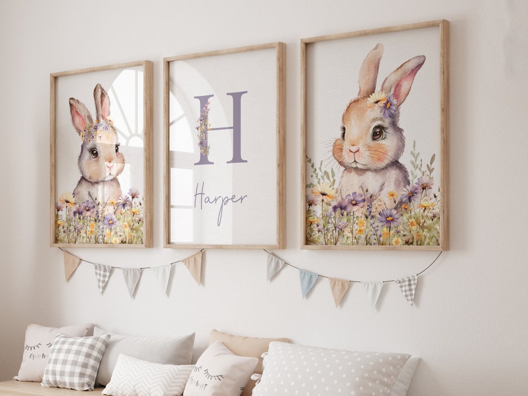 Purple Bunny Set of 3 Nursery Prints for Baby Girls Room, Girl Bedroom ...