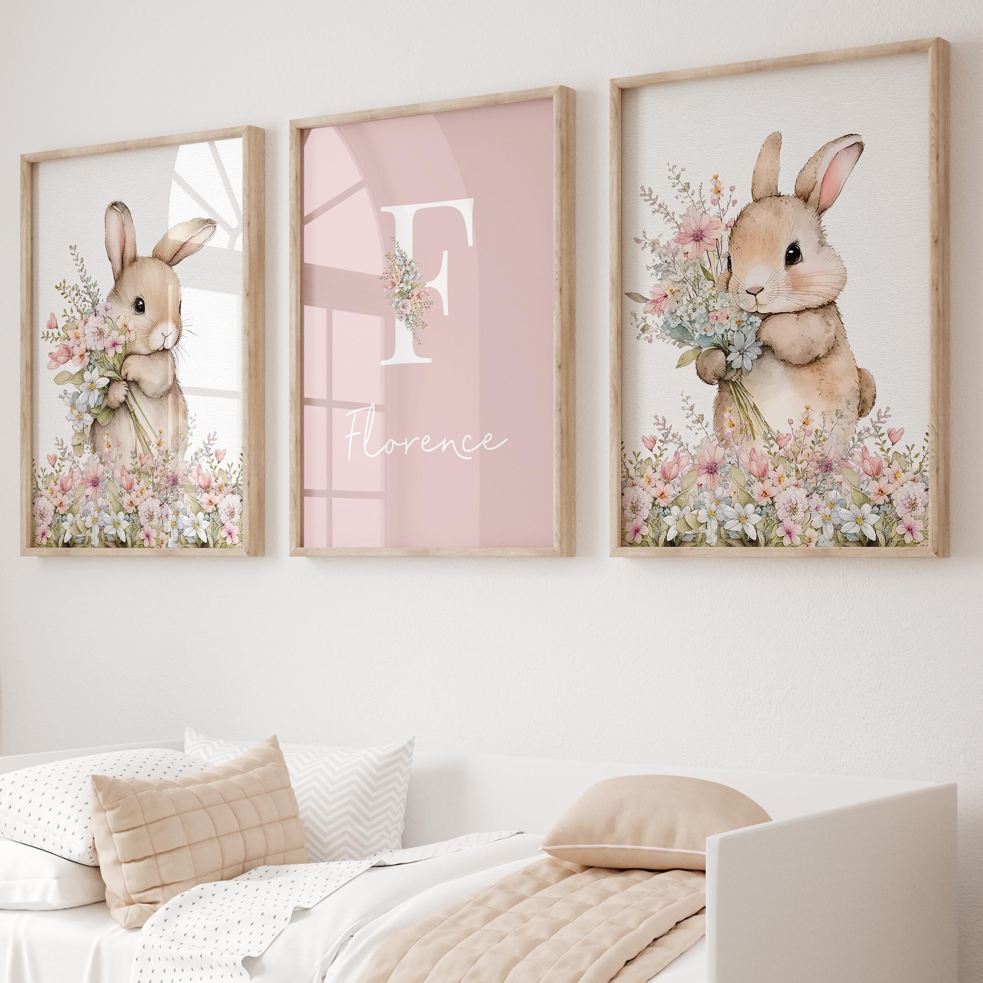 Girls Nursery Prints, Set of 3 Personalised Pink Bunny Nursery Prints ...