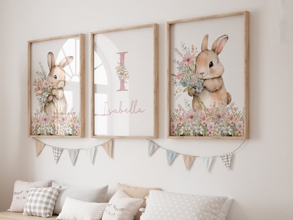 Pink Bunny Personalised Set Of 3 Nursery Prints For Baby Girls Room, Girl Bedroom Prints, Pink Nursery Decor Wall Art, Bunny Prints