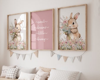 Decorazioni per la cameretta delle ragazze, set di 3 stampe d'arte da parete per la cameretta dei bambini, stampe per la cameretta dei conigli, cameretta delle bambine, cameretta dei conigli, animale coniglietto, cameretta floreale, rosa,