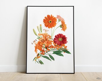 Klarorange blomtryck, botaniskt tryck, botaniskt blomtryck, väggtryck, tryck, poster, väggkonst, heminredning, hemtryck