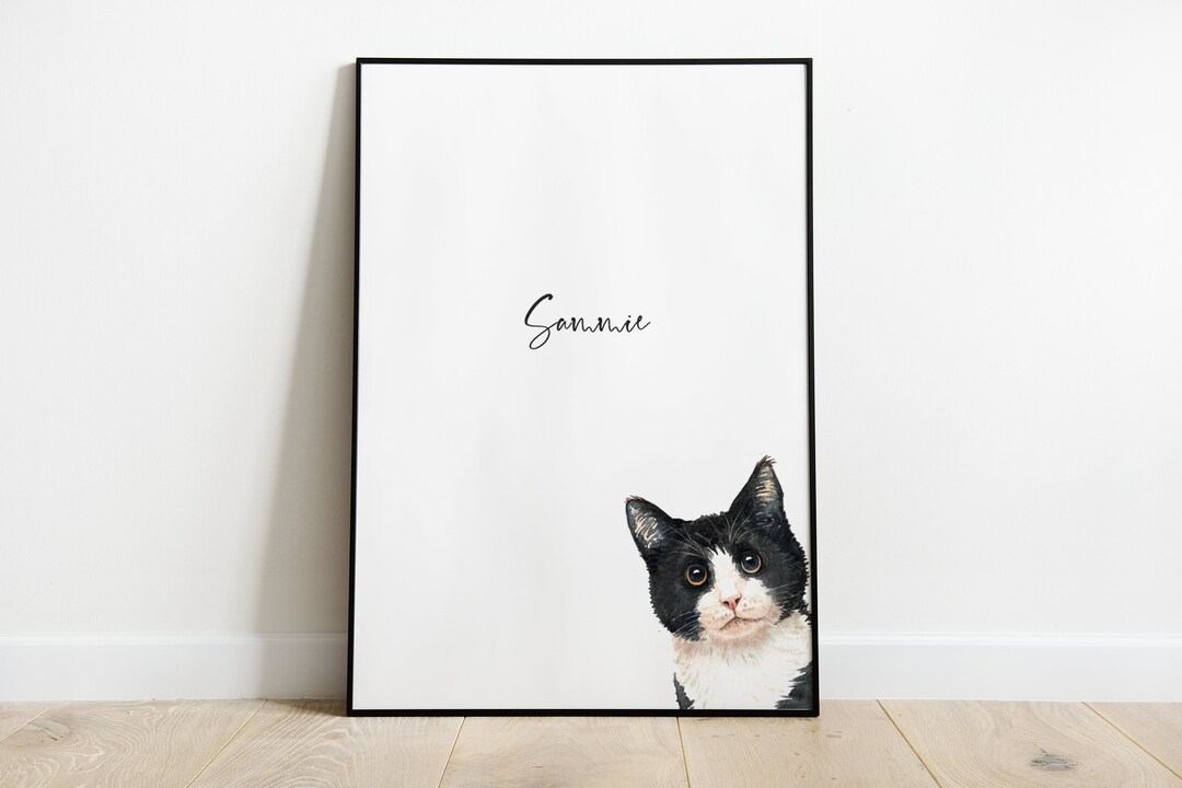 Personalised Black and White Cat Print, Pet Portrait, Cat Print, Cat ...