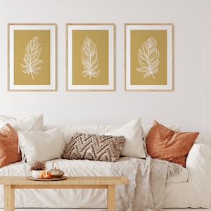 Set of 3 Feathers Yellow Wall Art, Yellow Prints, Line Art, Yellow Wall Art, Wall Art, Yellow Poster, Yellow Prints, Mustard Wall Prints