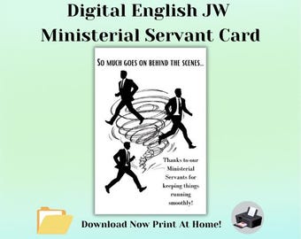以下が含まれることがあります： 「デジタル英語JW奉仕者のカード」と「舞台裏では多くのことが起こっている...」というテキストが書かれた白黒の印刷可能なカード。カードには、円を描くように走る3人のシルエットが描かれている。「私たちの奉仕者のおかげで、物事は円滑に進んでいます！」というテキストがカードの下部に書かれている。「今すぐダウンロードして自宅で印刷しましょう！」というテキストがカードの下部に書かれている。