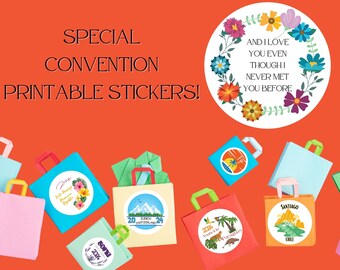 May include: Printable stickers featuring various designs, including a floral wreath with the text "And I love you even though I never met you before", a mountain range with the text "Zurich Switzerland 2024", a tropical scene with the text "Asunción Paraguay 2024", and a mountain range with the text "Santiago Chile 2024".